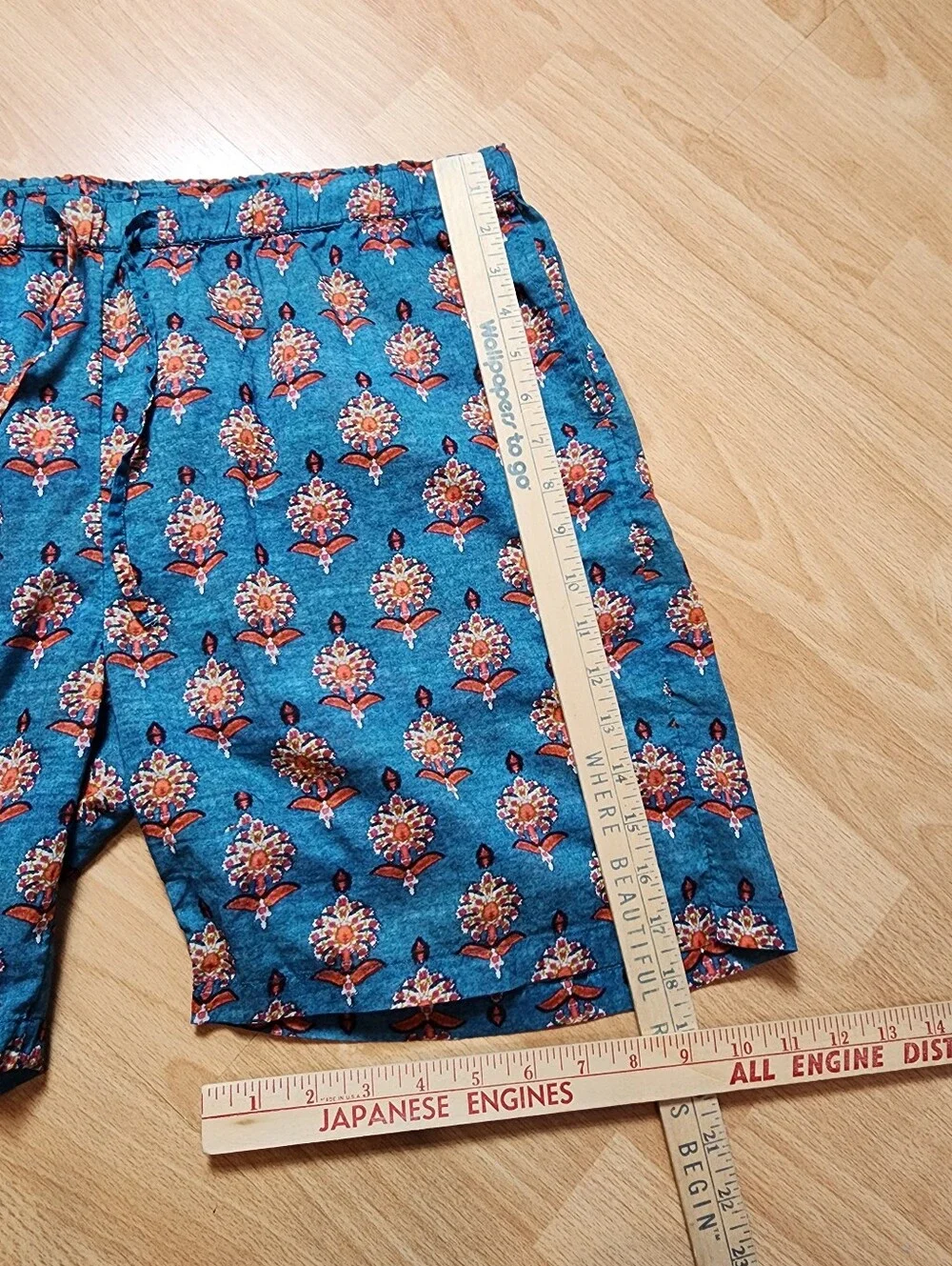 Sundance 100% Cotton Lightweight Pull On Drawstring Shorts Blue Pattern Large